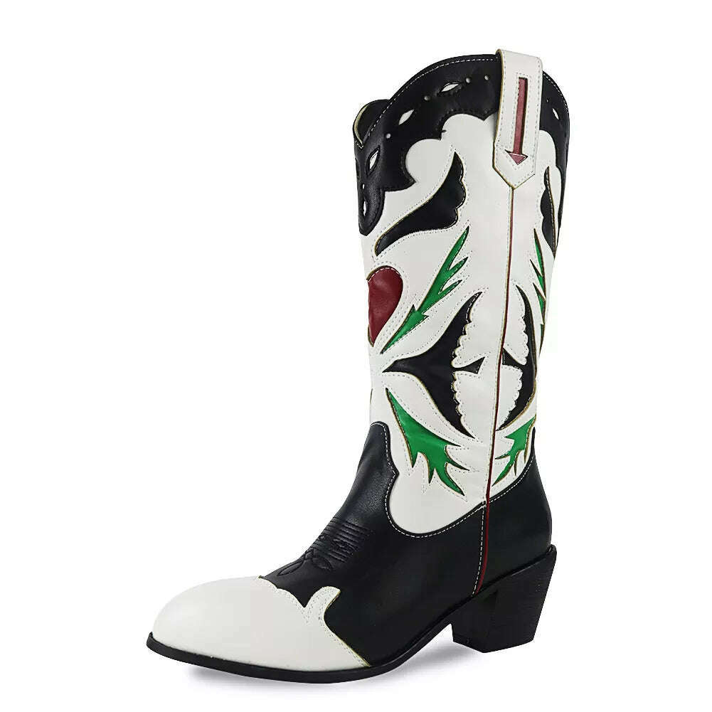 Embroidered Western Boots For Women Heart Shaped Fashion Cowboy Cowgirl Boots Handmake Retro Vintage Shoes 2022 Winter Autumn - KIMLUD