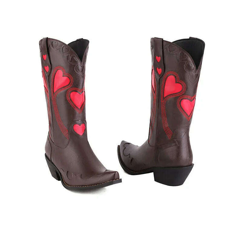 Embroidered Western Boots For Women Heart Shaped Fashion Cowboy Cowgirl Boots Handmake Retro Vintage Shoes 2022 Winter Autumn - KIMLUD