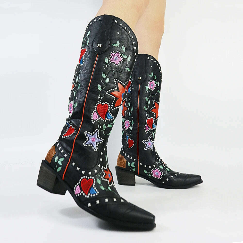 Embroidered Western Boots For Women Heart Shaped Fashion Cowboy Cowgirl Boots Handmake Retro Vintage Shoes 2022 Winter Autumn - KIMLUD
