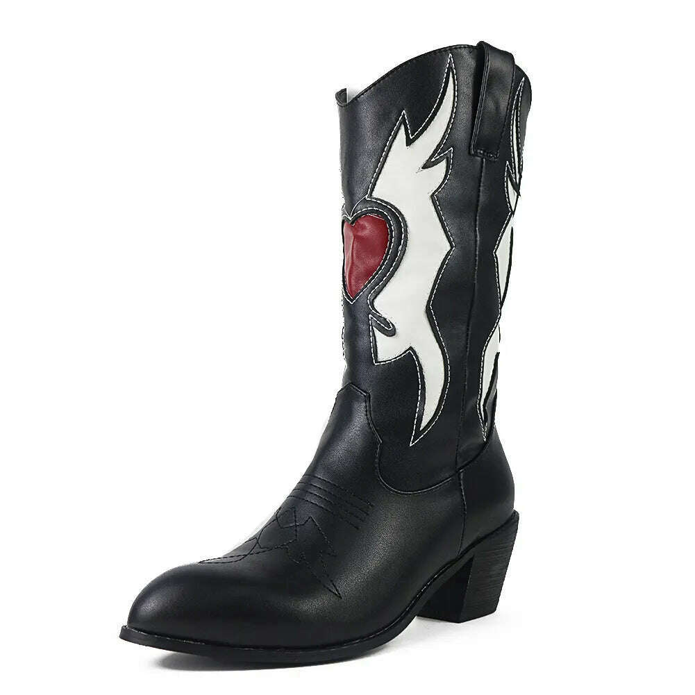 Embroidered Western Boots For Women Heart Shaped Fashion Cowboy Cowgirl Boots Handmake Retro Vintage Shoes 2022 Winter Autumn - KIMLUD