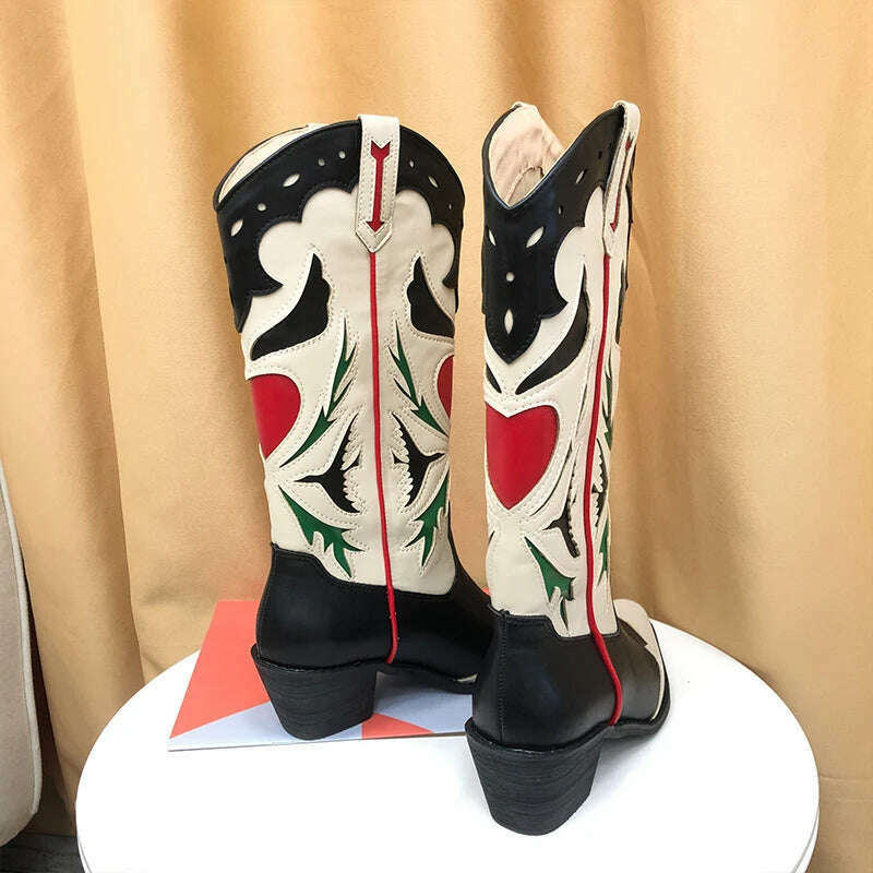 Embroidered Western Boots For Women Heart Shaped Fashion Cowboy Cowgirl Boots Handmake Retro Vintage Shoes 2022 Winter Autumn - KIMLUD