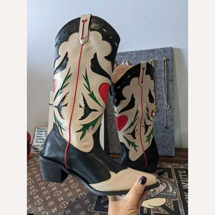 Embroidered Western Boots For Women Heart Shaped Fashion Cowboy Cowgirl Boots Handmake Retro Vintage Shoes 2022 Winter Autumn - KIMLUD