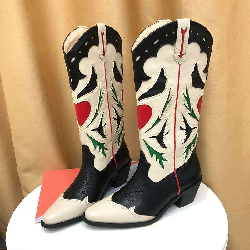 Embroidered Western Boots For Women Heart Shaped Fashion Cowboy Cowgirl Boots Handmake Retro Vintage Shoes 2022 Winter Autumn - KIMLUD