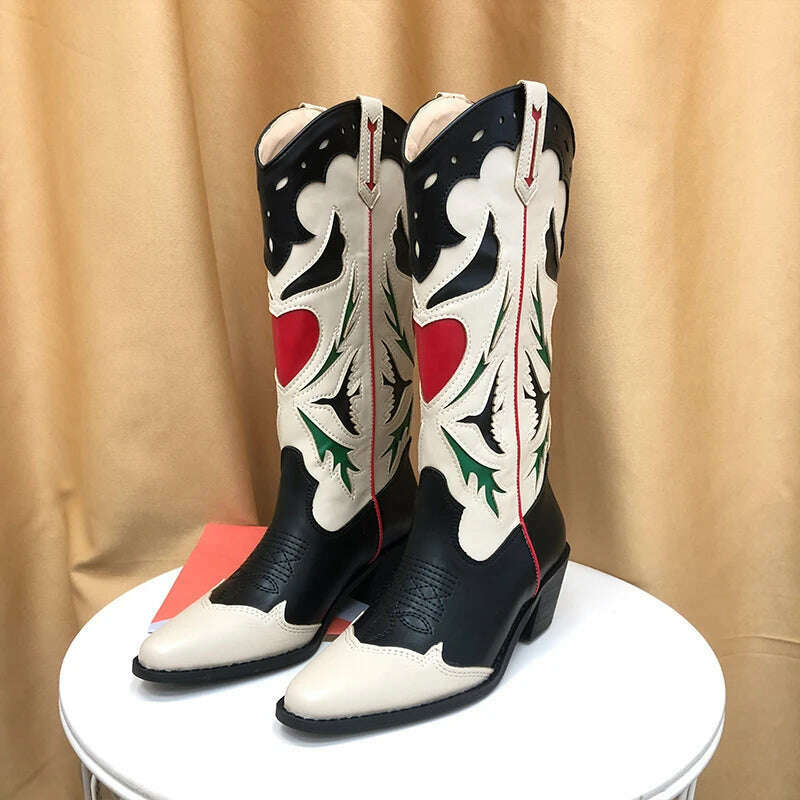 Embroidered Western Boots For Women Heart Shaped Fashion Cowboy Cowgirl Boots Handmake Retro Vintage Shoes 2022 Winter Autumn - KIMLUD