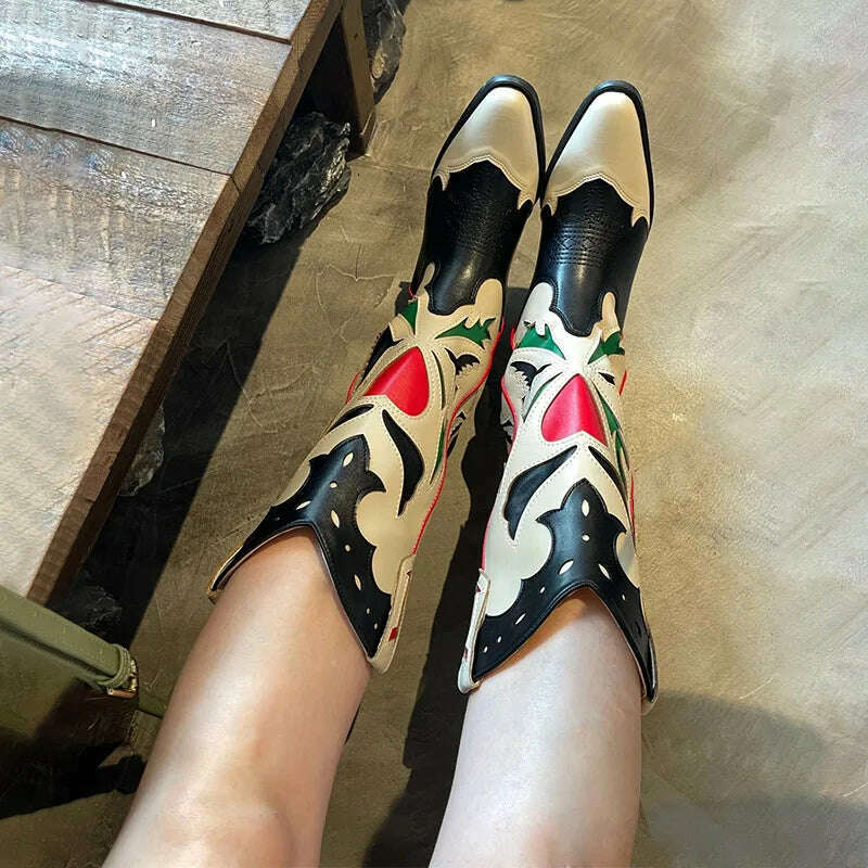 Embroidered Western Boots For Women Heart Shaped Fashion Cowboy Cowgirl Boots Handmake Retro Vintage Shoes 2022 Winter Autumn - KIMLUD