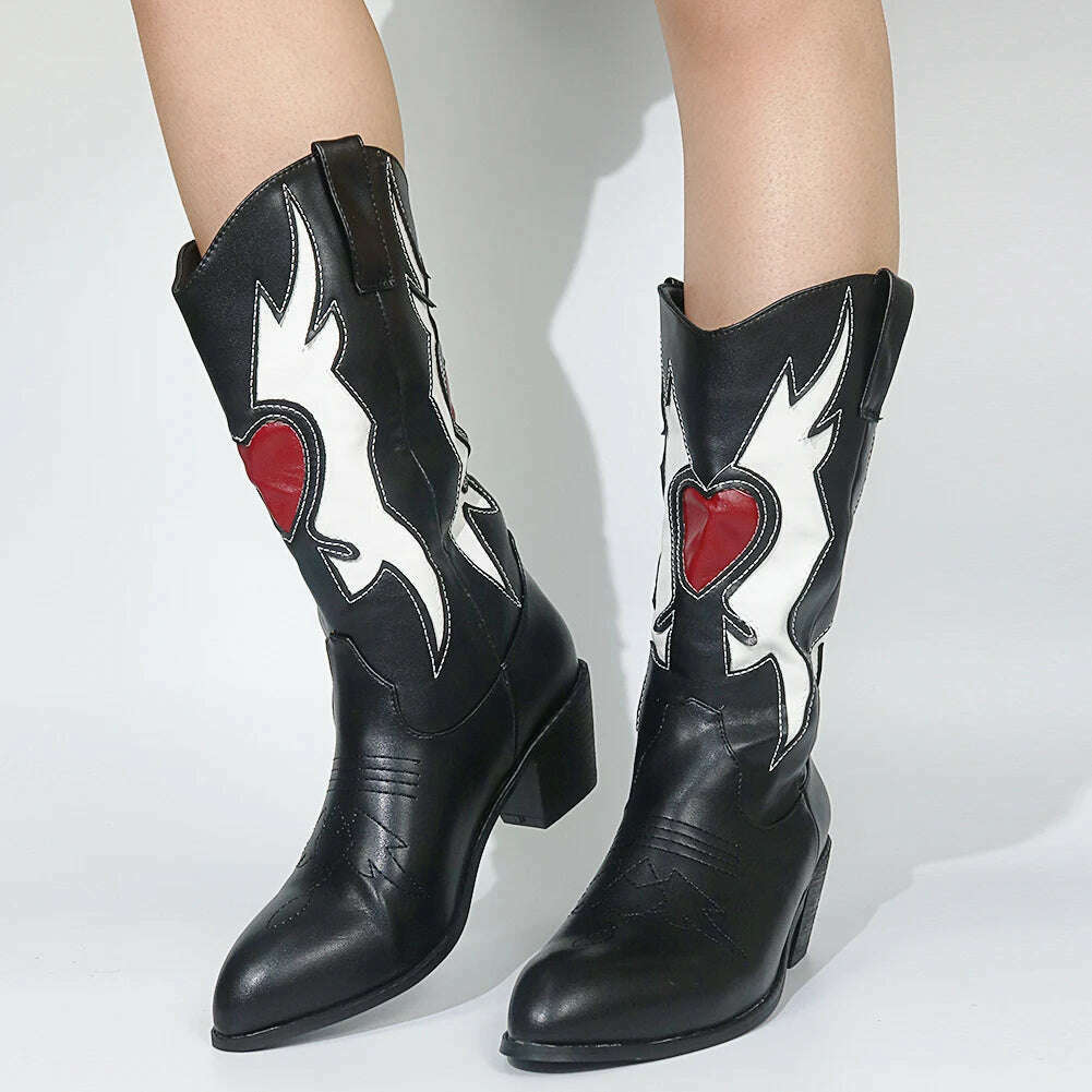 Embroidered Western Boots For Women Heart Shaped Fashion Cowboy Cowgirl Boots Handmake Retro Vintage Shoes 2022 Winter Autumn - KIMLUD