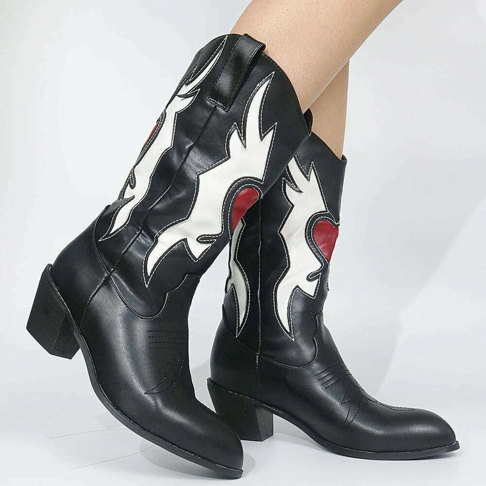 Embroidered Western Boots For Women Heart Shaped Fashion Cowboy Cowgirl Boots Handmake Retro Vintage Shoes 2022 Winter Autumn - KIMLUD