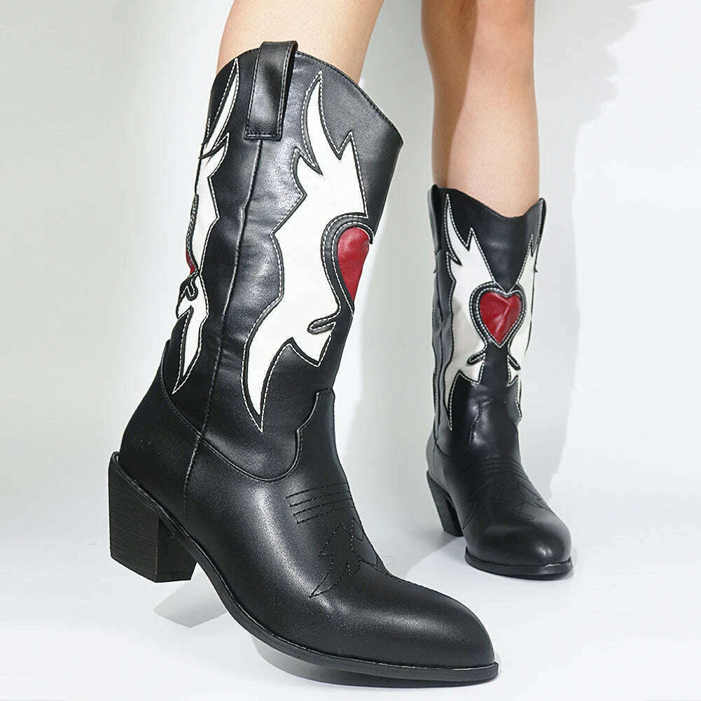 Embroidered Western Boots For Women Heart Shaped Fashion Cowboy Cowgirl Boots Handmake Retro Vintage Shoes 2022 Winter Autumn - KIMLUD