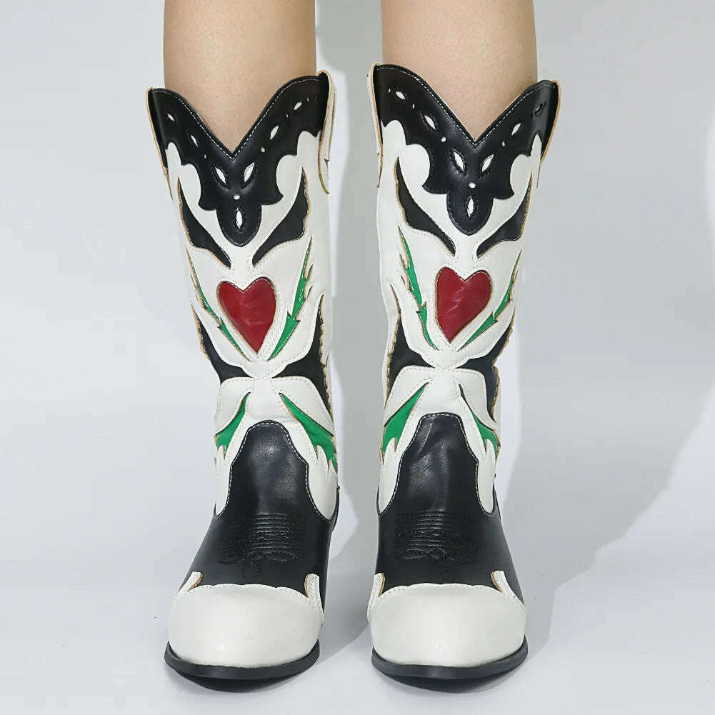 Embroidered Western Boots For Women Heart Shaped Fashion Cowboy Cowgirl Boots Handmake Retro Vintage Shoes 2022 Winter Autumn - KIMLUD