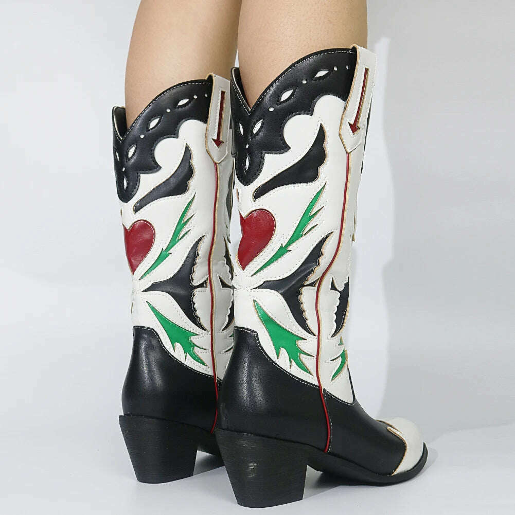 Embroidered Western Boots For Women Heart Shaped Fashion Cowboy Cowgirl Boots Handmake Retro Vintage Shoes 2022 Winter Autumn - KIMLUD