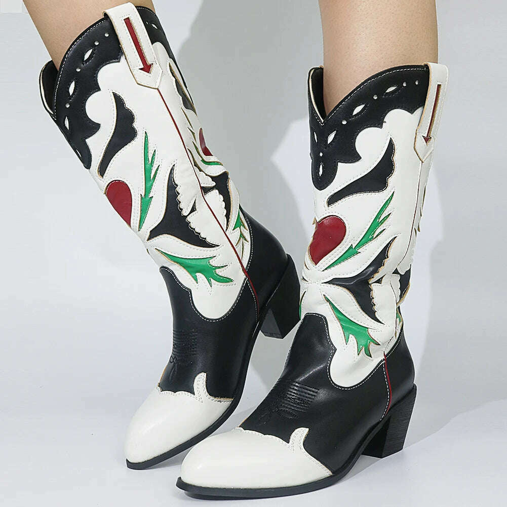 Embroidered Western Boots For Women Heart Shaped Fashion Cowboy Cowgirl Boots Handmake Retro Vintage Shoes 2022 Winter Autumn - KIMLUD