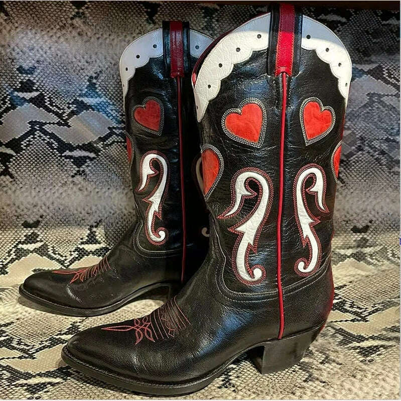 Embroidered Western Boots For Women Heart Shaped Fashion Cowboy Cowgirl Boots Handmake Retro Vintage Shoes 2022 Winter Autumn - KIMLUD