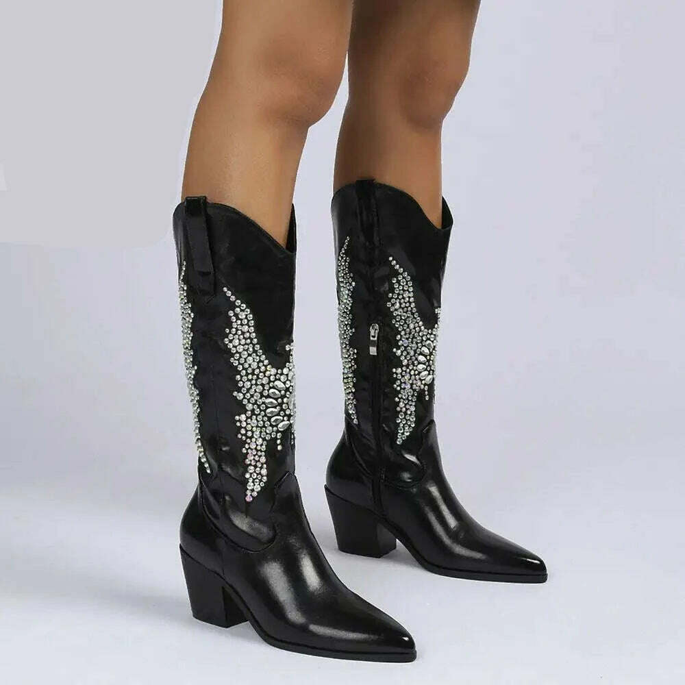 Embroidery Western Cowgirl Boots Fashion 2023 Europe Style Vintage Bling Diamond Black Cowboy Boots Thick Heels Mid Calf Boots - KIMLUD