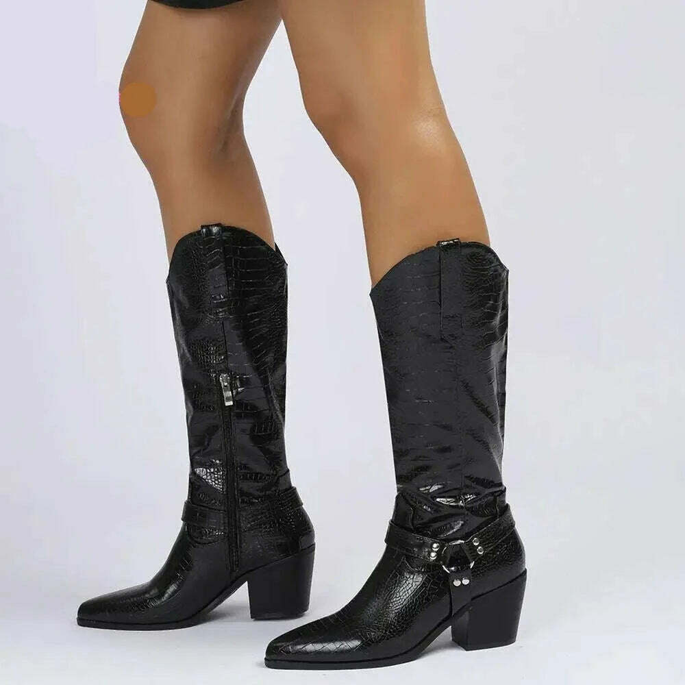 Embroidery Western Cowgirl Boots Fashion 2023 Europe Style Vintage Bling Diamond Black Cowboy Boots Thick Heels Mid Calf Boots - KIMLUD