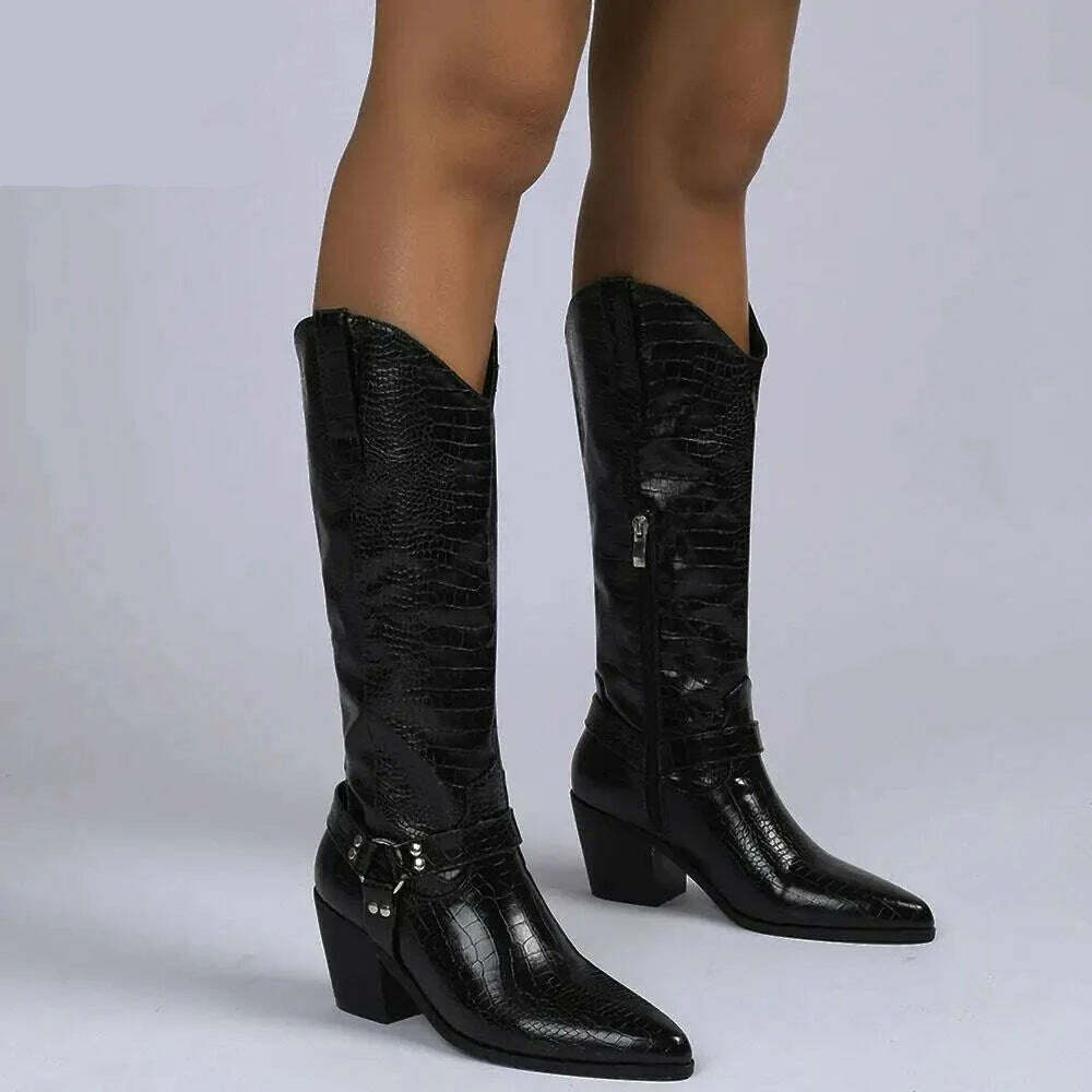 Embroidery Western Cowgirl Boots Fashion 2023 Europe Style Vintage Bling Diamond Black Cowboy Boots Thick Heels Mid Calf Boots - KIMLUD