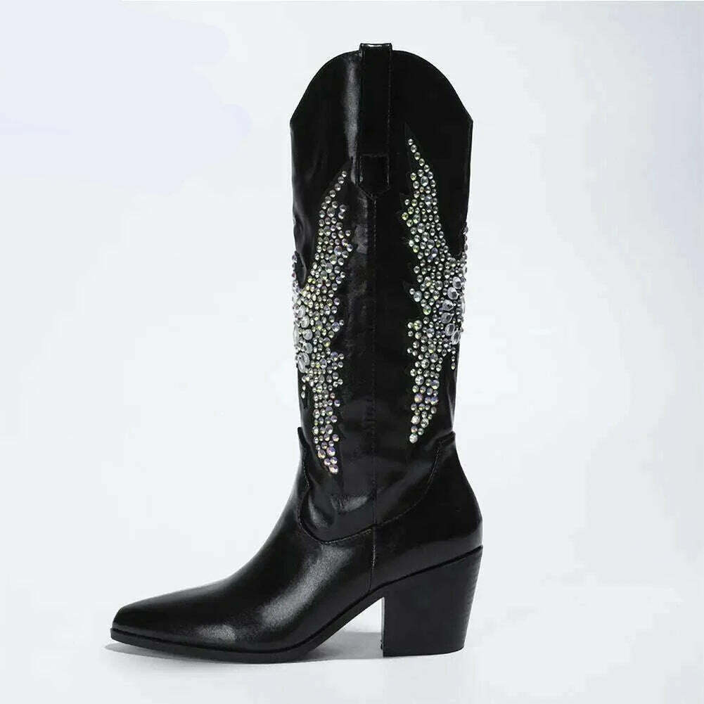 Embroidery Western Cowgirl Boots Fashion 2023 Europe Style Vintage Bling Diamond Black Cowboy Boots Thick Heels Mid Calf Boots - KIMLUD