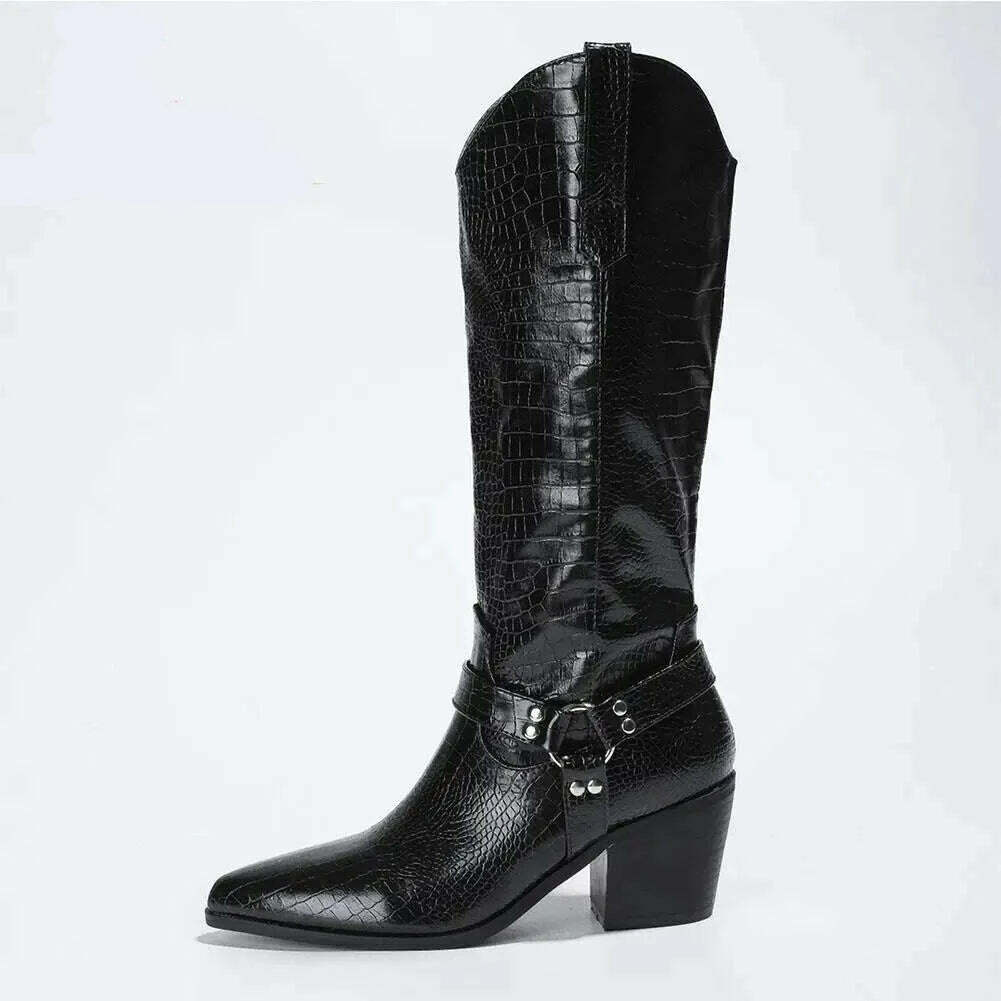 Embroidery Western Cowgirl Boots Fashion 2023 Europe Style Vintage Bling Diamond Black Cowboy Boots Thick Heels Mid Calf Boots - KIMLUD