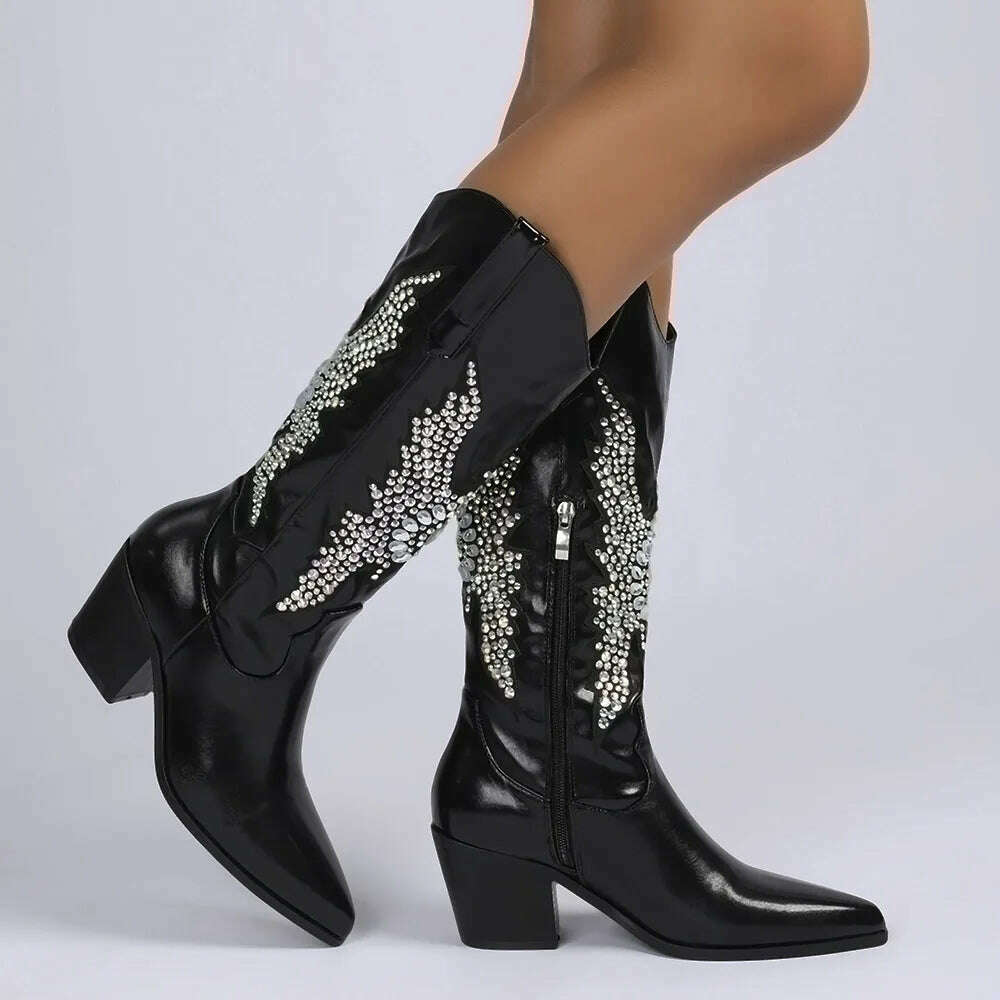 Embroidery Western Cowgirl Boots Fashion 2023 Europe Style Vintage Bling Diamond Black Cowboy Boots Thick Heels Mid Calf Boots - KIMLUD