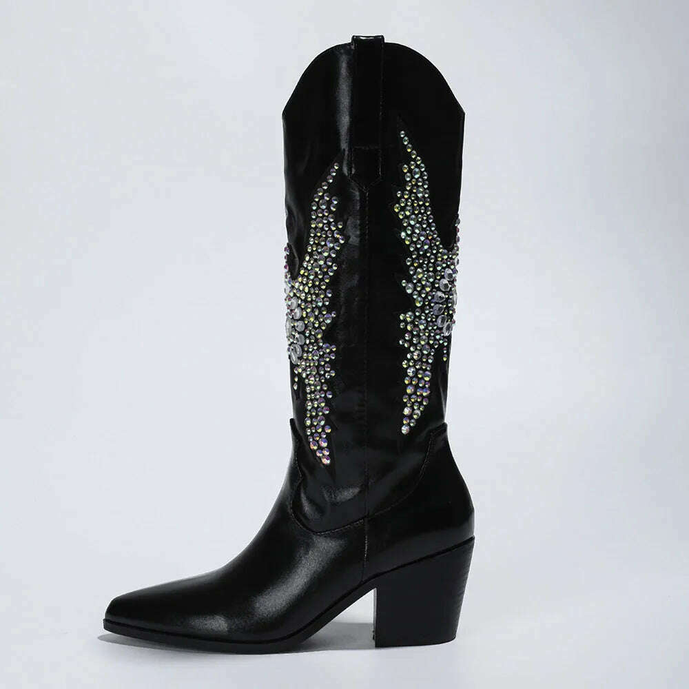 Embroidery Western Cowgirl Boots Fashion 2023 Europe Style Vintage Bling Diamond Black Cowboy Boots Thick Heels Mid Calf Boots - KIMLUD
