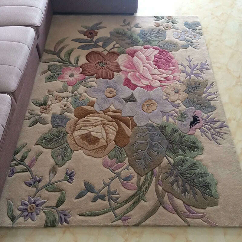 Europe Handmade Wool Carpet for Living Room 3D Hand Carved Rug Thick Carpet Bedroom Sofa Table Floor Mat Study Retro Flower Rug - KIMLUD