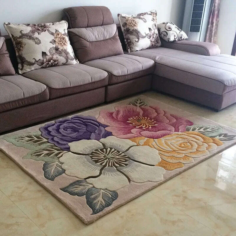 Europe Handmade Wool Carpet for Living Room 3D Hand Carved Rug Thick Carpet Bedroom Sofa Table Floor Mat Study Retro Flower Rug - KIMLUD