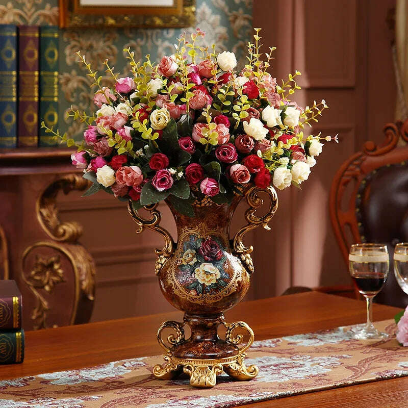 KIMLUD, European Resin Vase+Artificial Flower Set Decor Home Office Furnishing Decoration Crafts Livingroom Silk Fake Flower Pot Artwork, KIMLUD Womens Clothes