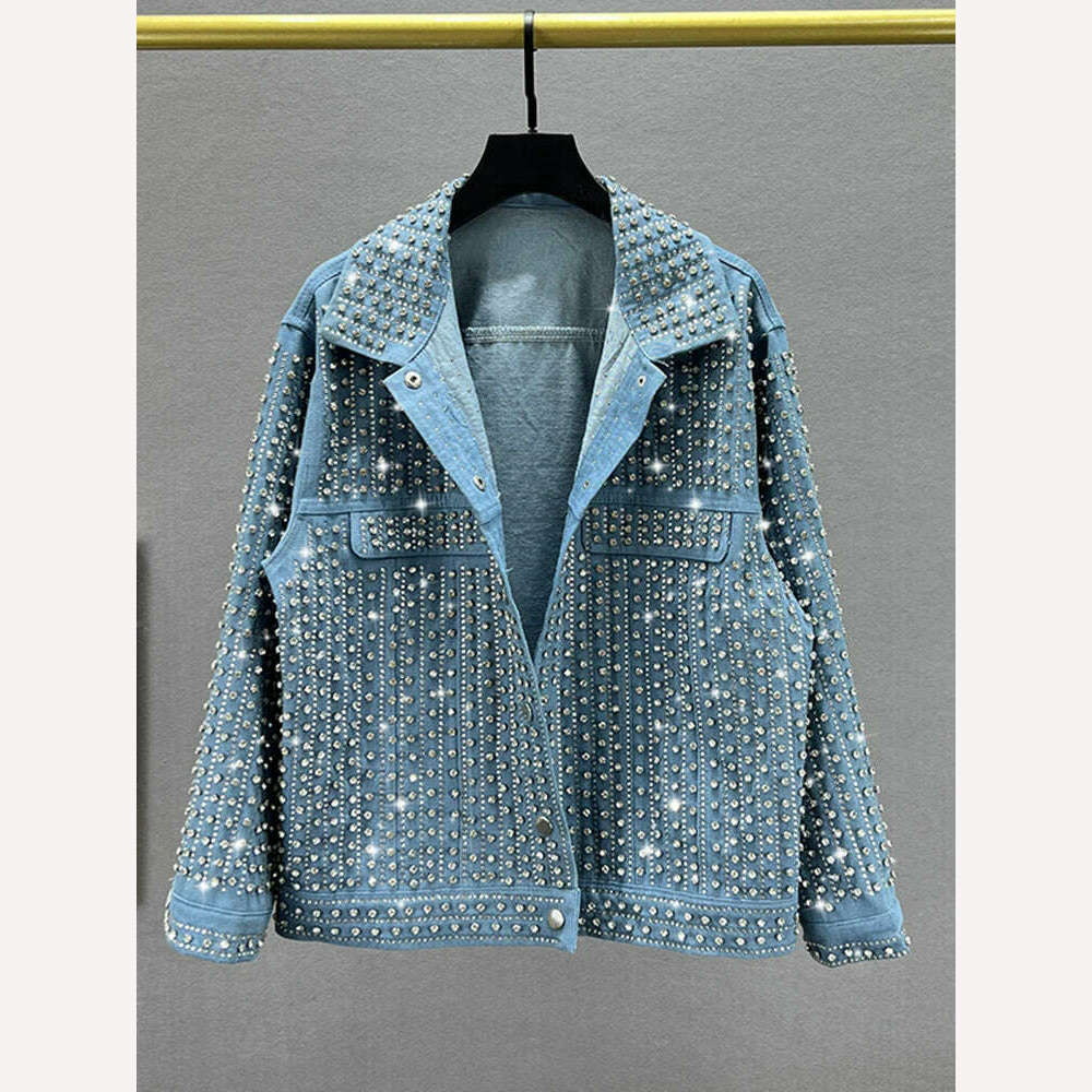 [EWQ] Streetwear Patchwork Rivet Denim Jacket Women Fashion Lapel Long Sleeve Loose Coats Female Outerwear 2023 Autumn New Trend - KIMLUD