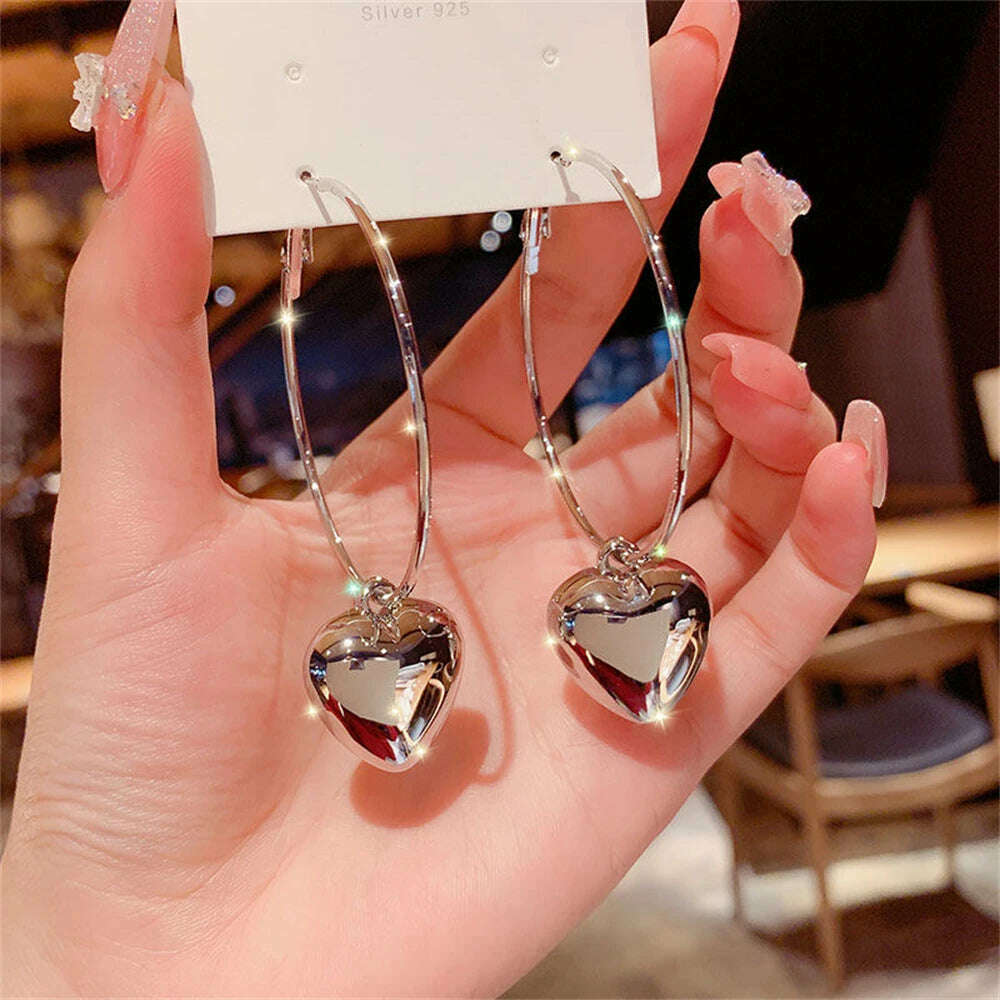 KIMLUD, Exaggerated Fashionable Ring Hollow Heart Big Earrings Temperament Women's Jewelry Exquisite Heart-shaped Korean Earrings Gifts, Silver Color, KIMLUD Womens Clothes
