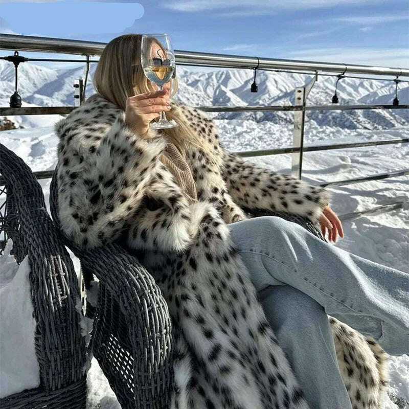 KIMLUD, Exclusive Winter 2023 Long Belted Leopard Faux Fox Fur Coat Women Overcoats Ladies Stylish Street Fashion Fluffy Fox Fur Jacket, KIMLUD Womens Clothes