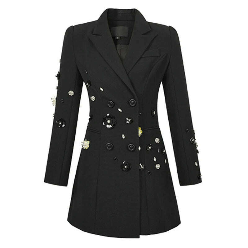 Exquisite Luxury Black Suit Coat Women's French Diamond Sequin Flower OL Professional Business Jacket Femme Outerwear Party Tops - KIMLUD