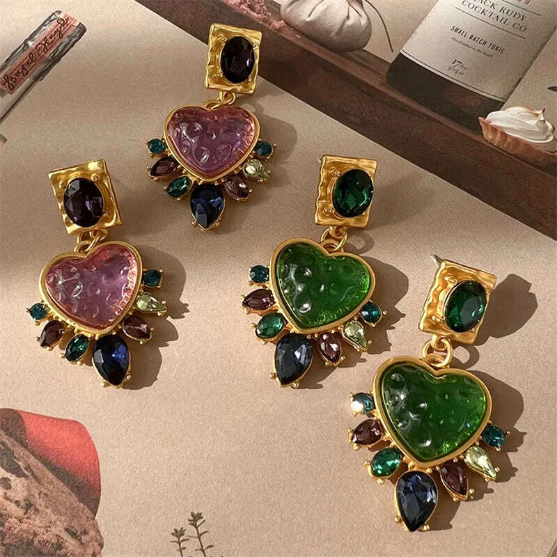 Exquisite Women Girls Vintage Palace Heart Crystal Earrings Lady Fashion Baroque Style Luxury Exaggerated Ear Rings Accessories - KIMLUD