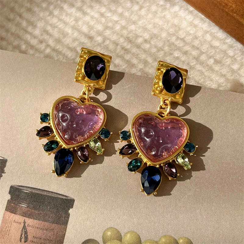 Exquisite Women Girls Vintage Palace Heart Crystal Earrings Lady Fashion Baroque Style Luxury Exaggerated Ear Rings Accessories - KIMLUD