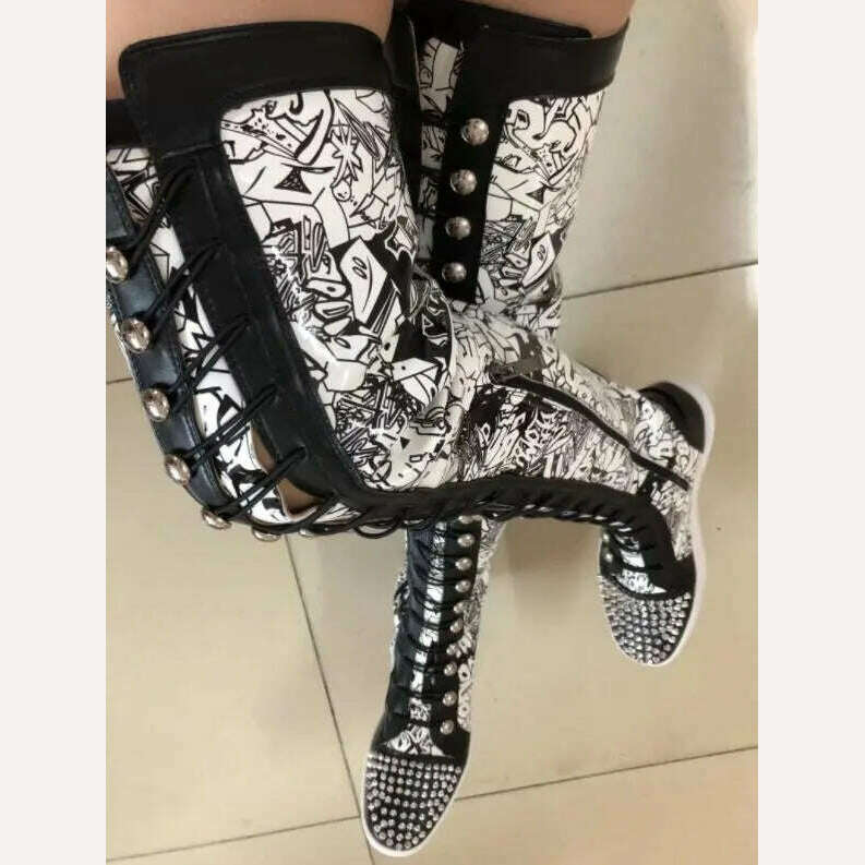 Factory Ladies Over The Knee Boots Ladies Thick Sole Rivets Studs Toe Graffiti Shiny Leather Thigh High Cross-tie Lace Up Botas - KIMLUD