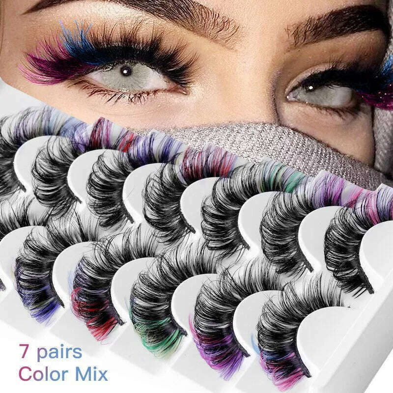 KIMLUD, Fake Eyelashes Popular Mink Hair Colorful Eyelashes Thick Curling Eyetail 7 Pairs Of Fake Eyelashes European And American Style, KIMLUD Womens Clothes