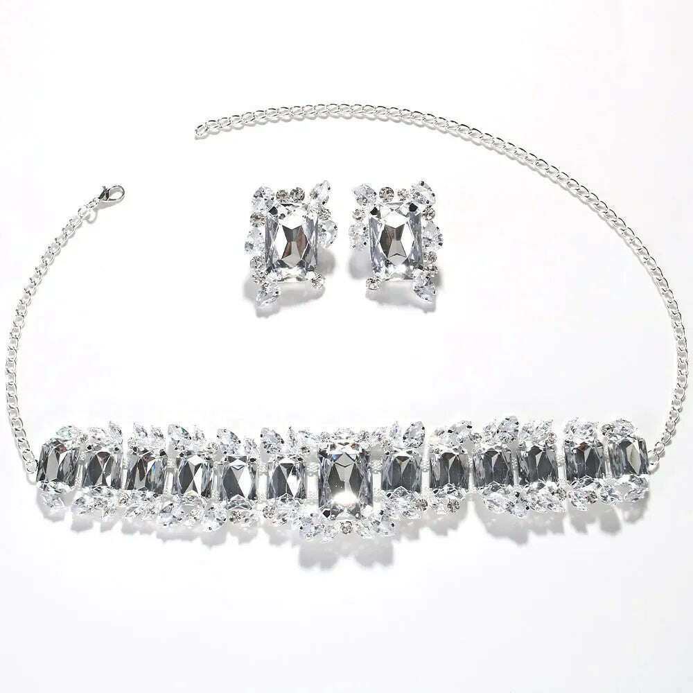 Fashion Bride Crystal Necklace Earrings Set Bridesmaid Wedding Jewellry Two Pieces Choker Necklace Prom Costume Jewelry Sets - KIMLUD
