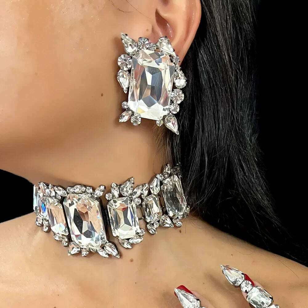 Fashion Bride Crystal Necklace Earrings Set Bridesmaid Wedding Jewellry Two Pieces Choker Necklace Prom Costume Jewelry Sets - KIMLUD