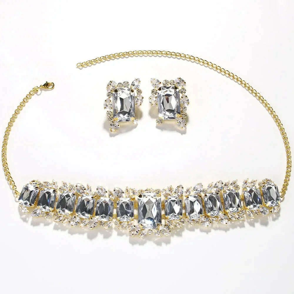 Fashion Bride Crystal Necklace Earrings Set Bridesmaid Wedding Jewellry Two Pieces Choker Necklace Prom Costume Jewelry Sets - KIMLUD