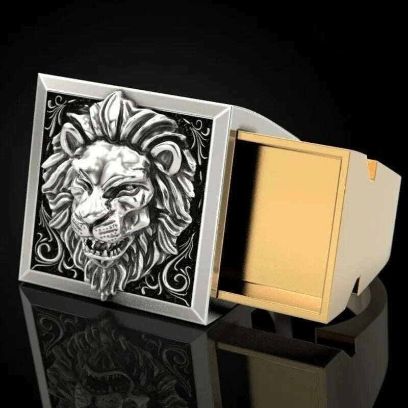 Fashion Punk Domineering Lion Head Men's Ring Creative Storage Finger Link Day Friendship Jewelry - KIMLUD