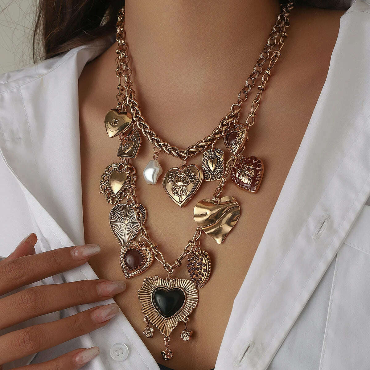 KIMLUD, Fashion Punk Metal Heart Pendant Necklaces for Women Vintage Double Layered Choker Chain Necklaces Luxury Party Jewelry Gifts, KIMLUD Womens Clothes