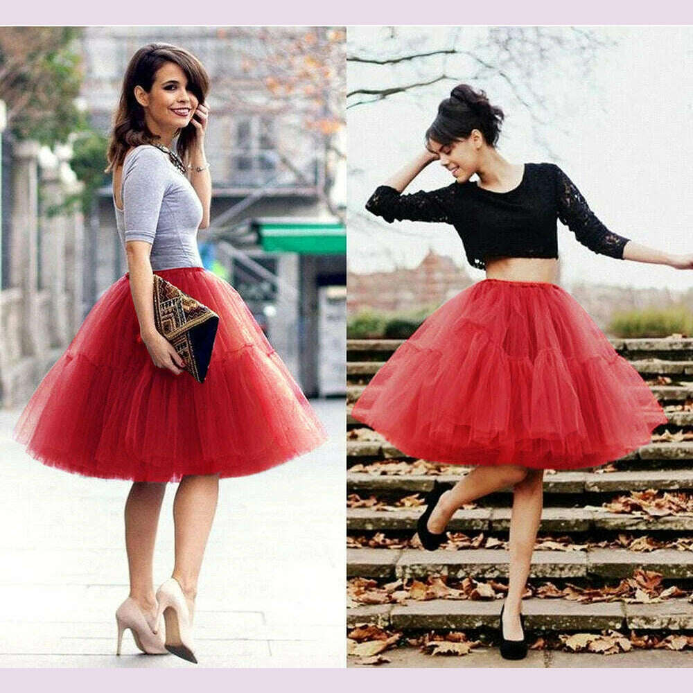 Fashion Red Multi-Layers Tulle Skirts Women Elastic Waist Puffy Knee Length Tutu Petticoat Lolita Cosplay Underskirt Jupons - KIMLUD