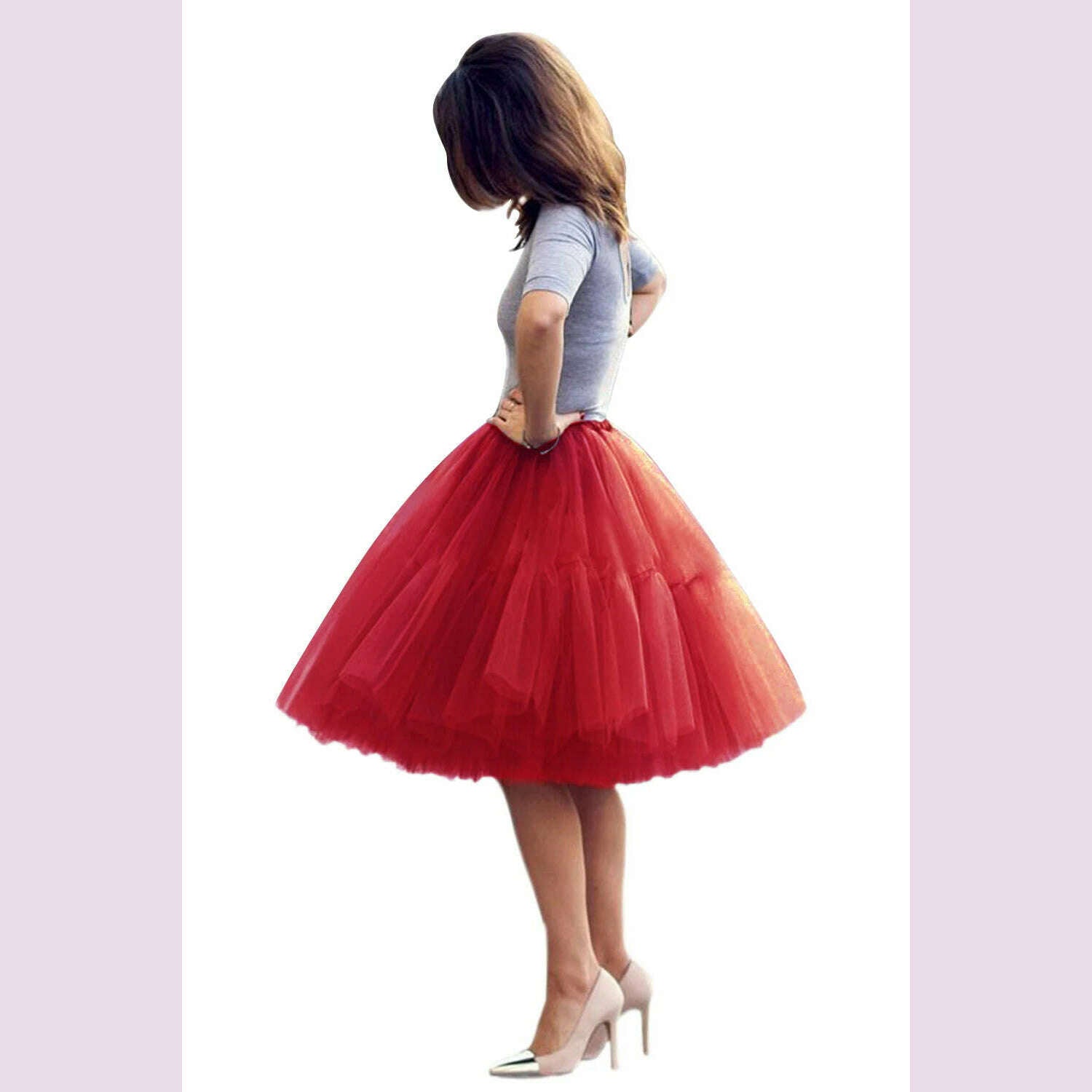 Fashion Red Multi-Layers Tulle Skirts Women Elastic Waist Puffy Knee Length Tutu Petticoat Lolita Cosplay Underskirt Jupons - KIMLUD