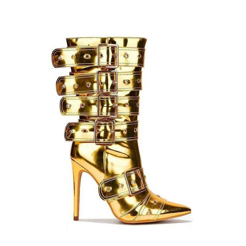 Fashion Runway Belt Buckle Pointed Golden Black Mid-calf Boots 2023 New European American Slim High Heels Women's Shoes Size 43 - KIMLUD