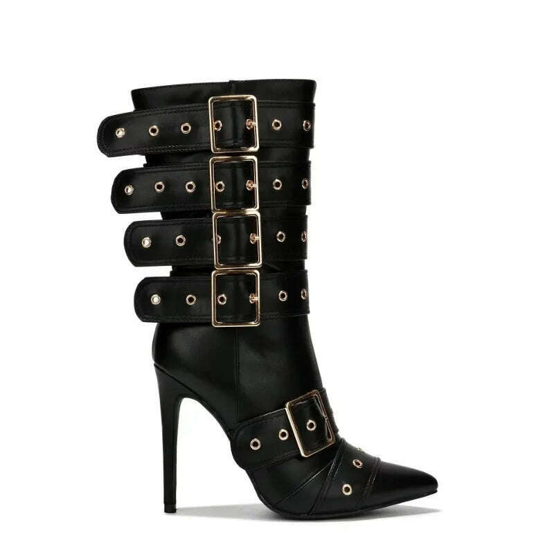 Fashion Runway Belt Buckle Pointed Golden Black Mid-calf Boots 2023 New European American Slim High Heels Women's Shoes Size 43 - KIMLUD