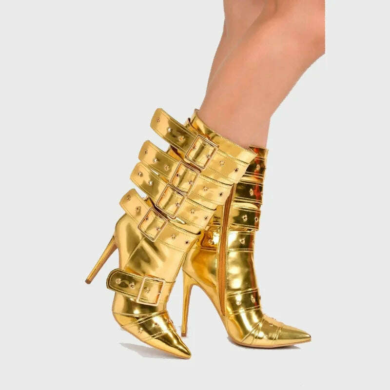 Fashion Runway Belt Buckle Pointed Golden Black Mid-calf Boots 2023 New European American Slim High Heels Women's Shoes Size 43 - KIMLUD