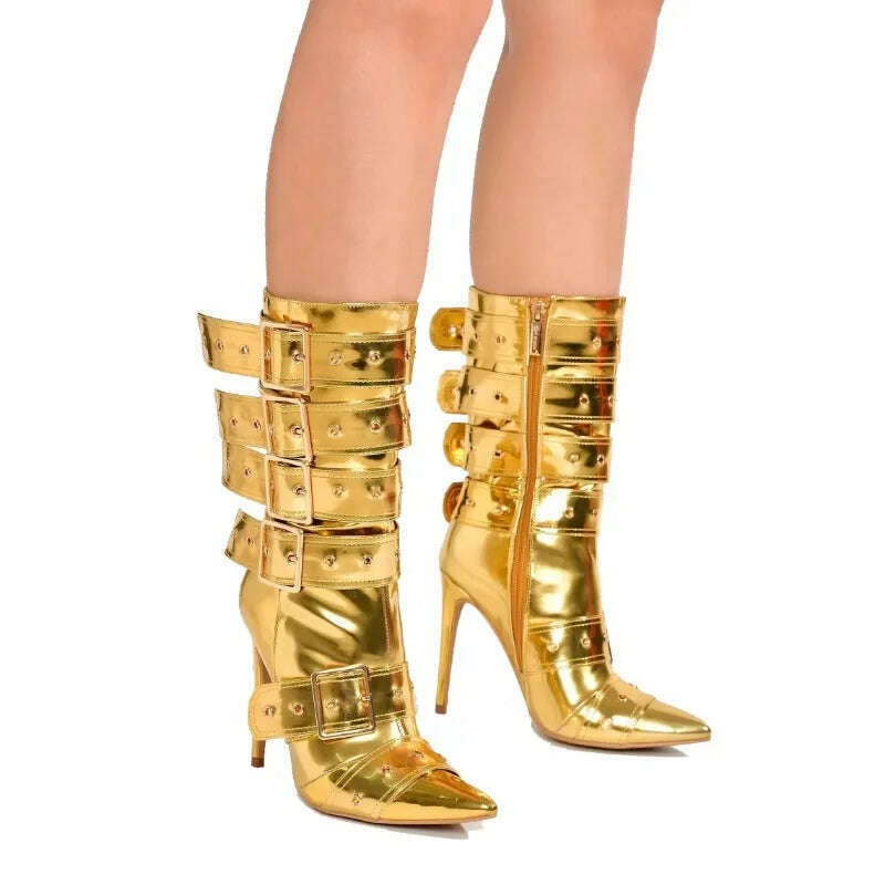 Fashion Runway Belt Buckle Pointed Golden Black Mid-calf Boots 2023 New European American Slim High Heels Women's Shoes Size 43 - KIMLUD