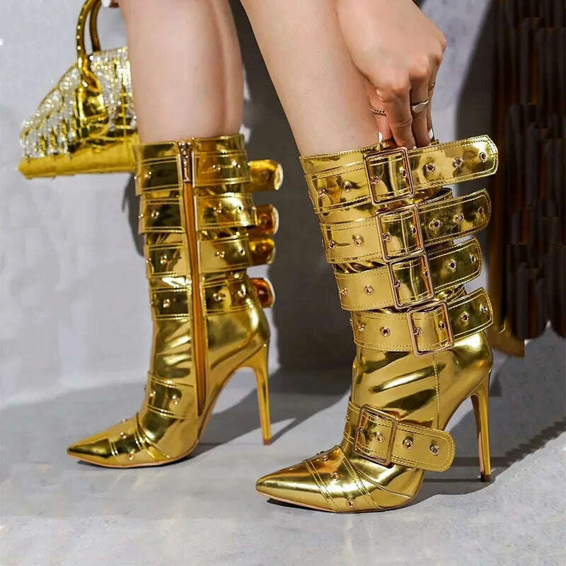 Fashion Runway Belt Buckle Pointed Golden Black Mid-calf Boots 2023 New European American Slim High Heels Women's Shoes Size 43 - KIMLUD