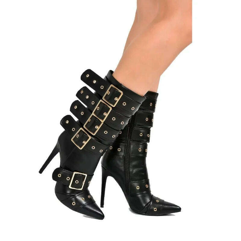 Fashion Runway Belt Buckle Pointed Golden Black Mid-calf Boots 2023 New European American Slim High Heels Women's Shoes Size 43 - KIMLUD
