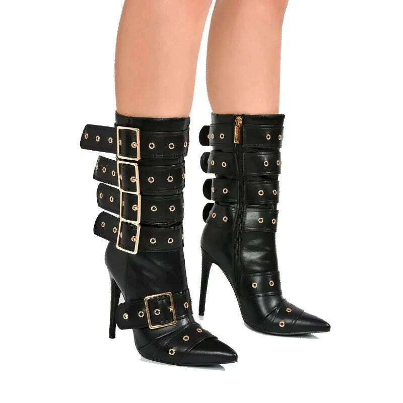 Fashion Runway Belt Buckle Pointed Golden Black Mid-calf Boots 2023 New European American Slim High Heels Women's Shoes Size 43 - KIMLUD