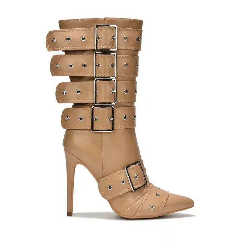 Fashion Runway Belt Buckle Pointed Golden Black Mid-calf Boots 2023 New European American Slim High Heels Women's Shoes Size 43 - KIMLUD