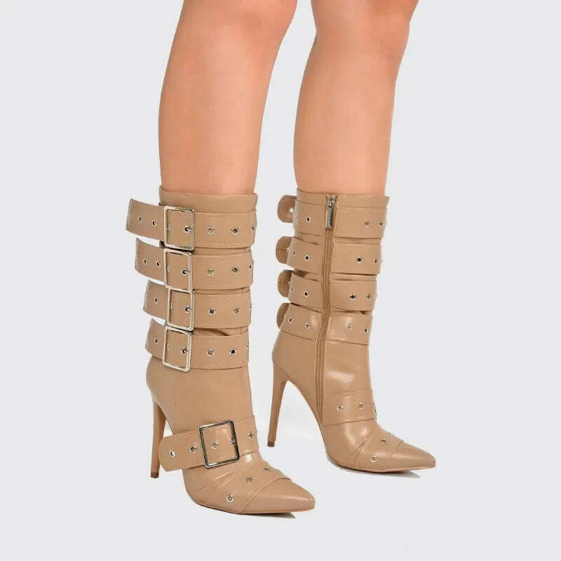 Fashion Runway Belt Buckle Pointed Golden Black Mid-calf Boots 2023 New European American Slim High Heels Women's Shoes Size 43 - KIMLUD